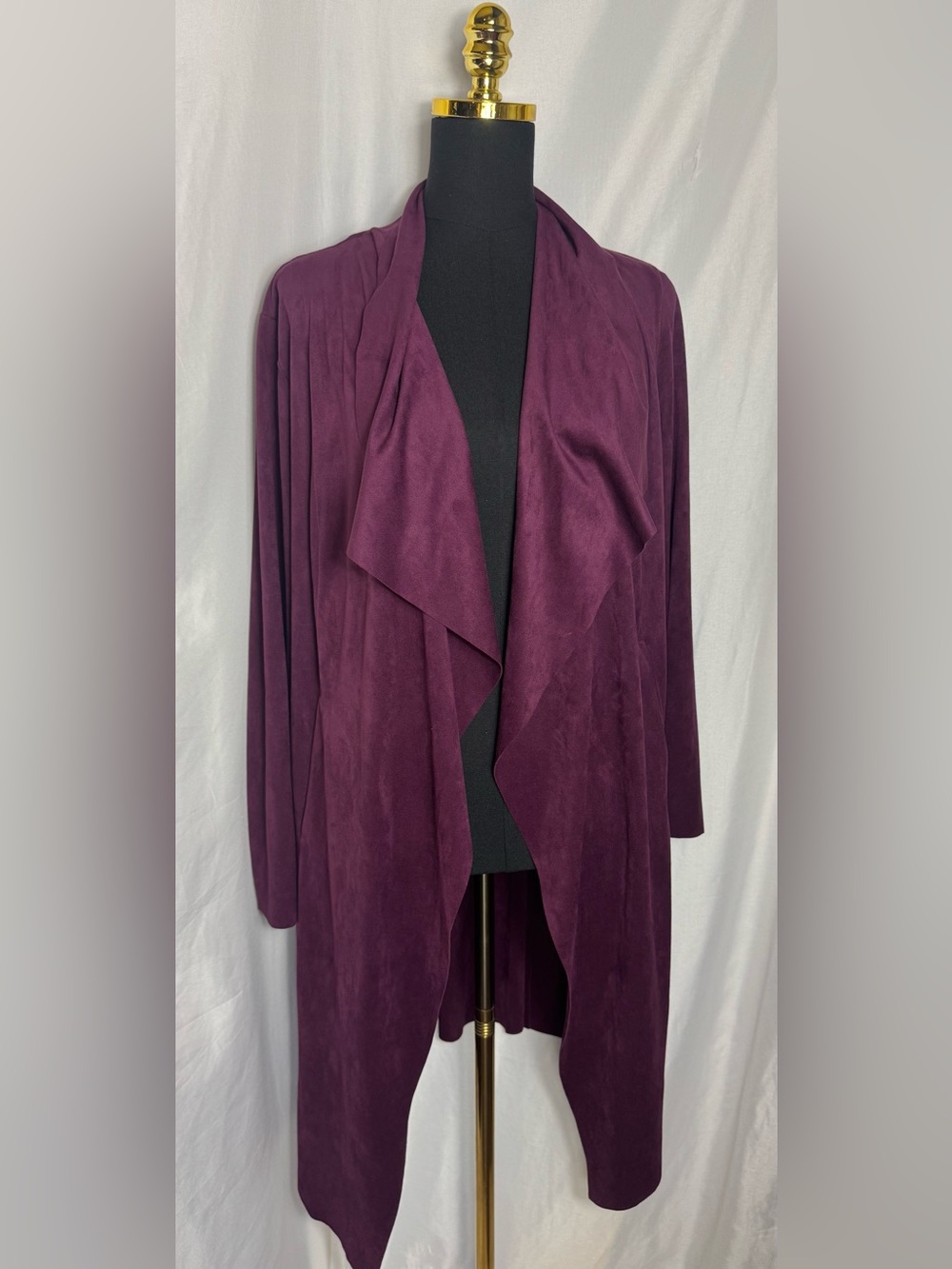 Faux suede Draped Open Front Long Cardigan in Deep Plum Medium